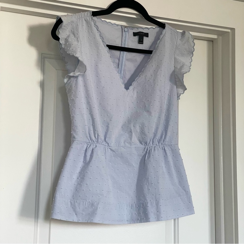 J.CREW Light Blue Clip Dot Ruffle Sleeve V-Neck Scalloped Trim Blouse Size 2